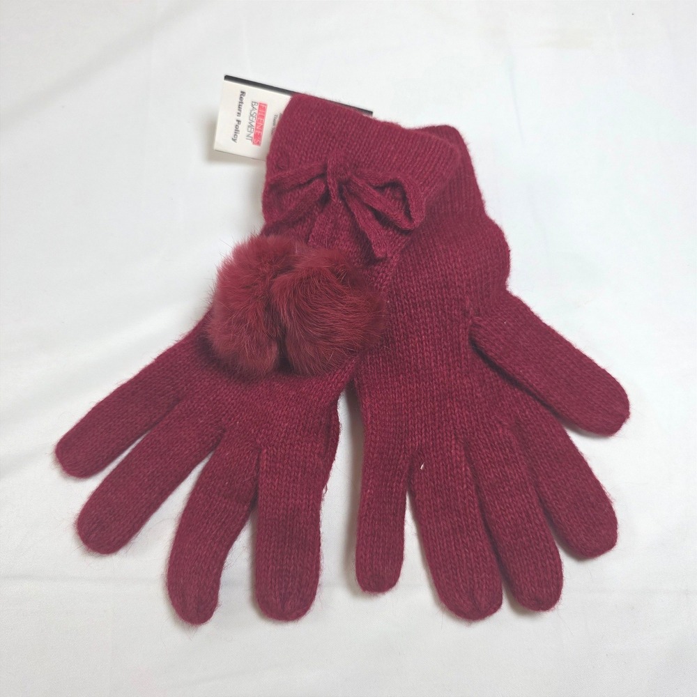La Fiorentina Burgundy Angora Wool Blend Gloves Fur Pom Bow Detail NEW Vintage